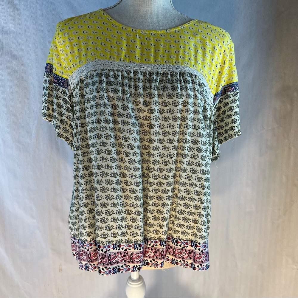 Anthropologie Blue Tassel BoHo Top Crochet Yellow Short Sleeves XL